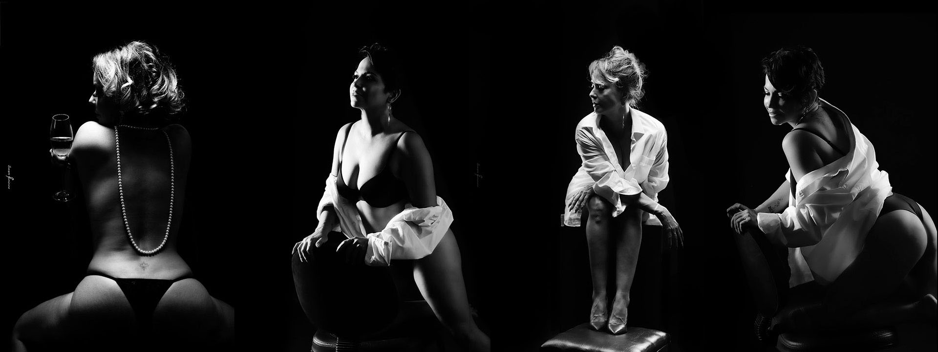 Montagem de quatro fotografias artísticas em preto e branco de mulheres em poses elegantes